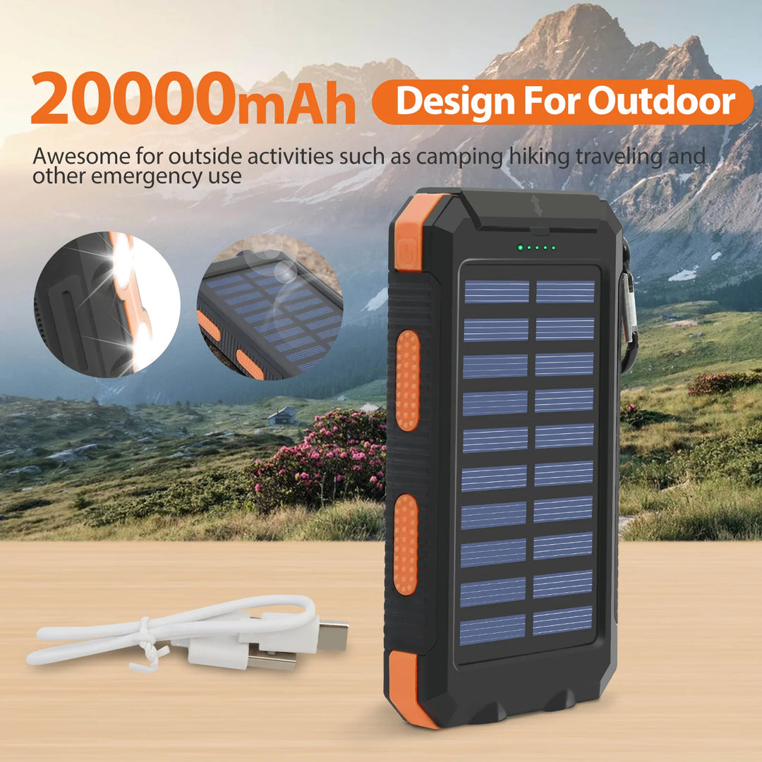 20,000mAh Solar Power Bank — Waterproof Portable Charger with Dual USB, LED Flashlight &amp; Solar Panel