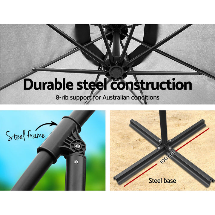 NNEDSZ 3M Umbrella with 48x48cm Base Outdoor Umbrellas Cantilever Sun Beach Garden Patio Grey-3