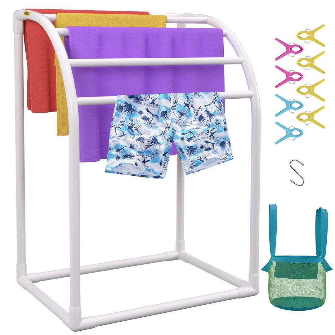 VEVOR Pool Towel Rack, 5 Bar, Milky, Freestanding Outdoor PVC Curved Poolside Storage Organizer, Include 8 Towel Clips, Mesh Bag, Hook, Also Stores Floats and Paddles, for Beach, Swimming Pool, Home-0