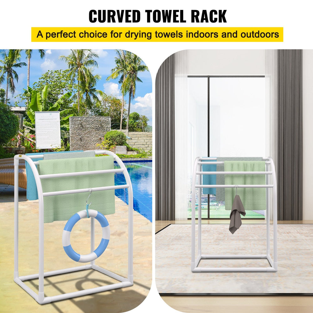 VEVOR Pool Towel Rack, 5 Bar, Milky, Freestanding Outdoor PVC Curved Poolside Storage Organizer, Include 8 Towel Clips, Mesh Bag, Hook, Also Stores Floats and Paddles, for Beach, Swimming Pool, Home-1
