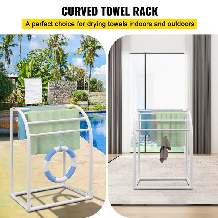 VEVOR Pool Towel Rack, 5 Bar, Milky, Freestanding Outdoor PVC Curved Poolside Storage Organizer, Include 8 Towel Clips, Mesh Bag, Hook, Also Stores Floats and Paddles, for Beach, Swimming Pool, Home-1