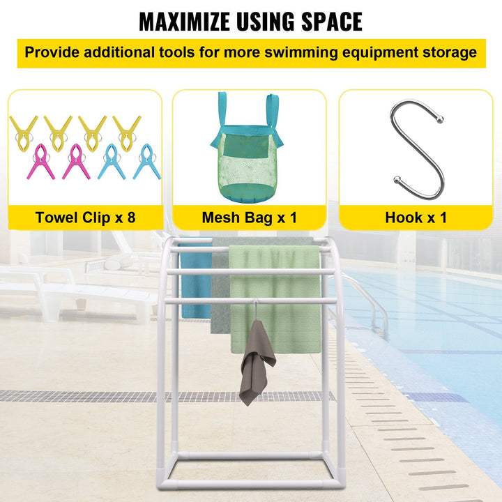 VEVOR Pool Towel Rack, 5 Bar, Milky, Freestanding Outdoor PVC Curved Poolside Storage Organizer, Include 8 Towel Clips, Mesh Bag, Hook, Also Stores Floats and Paddles, for Beach, Swimming Pool, Home-4