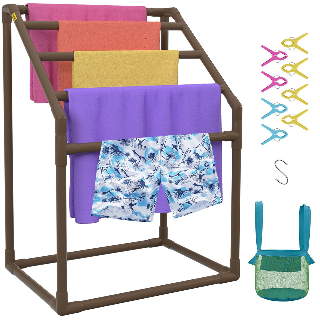 VEVOR Pool Towel Rack, 5 Bar, Brown, Freestanding Outdoor PVC Trapedozal Poolside Storage Organizer, Include 8 Towel Clips, Mesh Bag, Hook, Also Stores Floats and Paddles, for Beach, Swimming Pool-0