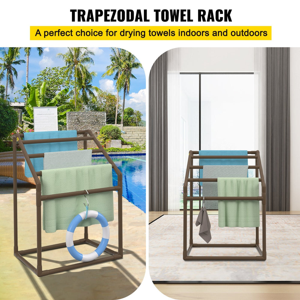 VEVOR Pool Towel Rack, 5 Bar, Brown, Freestanding Outdoor PVC Trapedozal Poolside Storage Organizer, Include 8 Towel Clips, Mesh Bag, Hook, Also Stores Floats and Paddles, for Beach, Swimming Pool-1