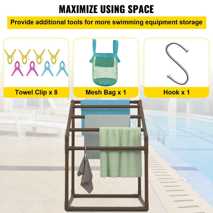 VEVOR Pool Towel Rack, 5 Bar, Brown, Freestanding Outdoor PVC Trapedozal Poolside Storage Organizer, Include 8 Towel Clips, Mesh Bag, Hook, Also Stores Floats and Paddles, for Beach, Swimming Pool-4
