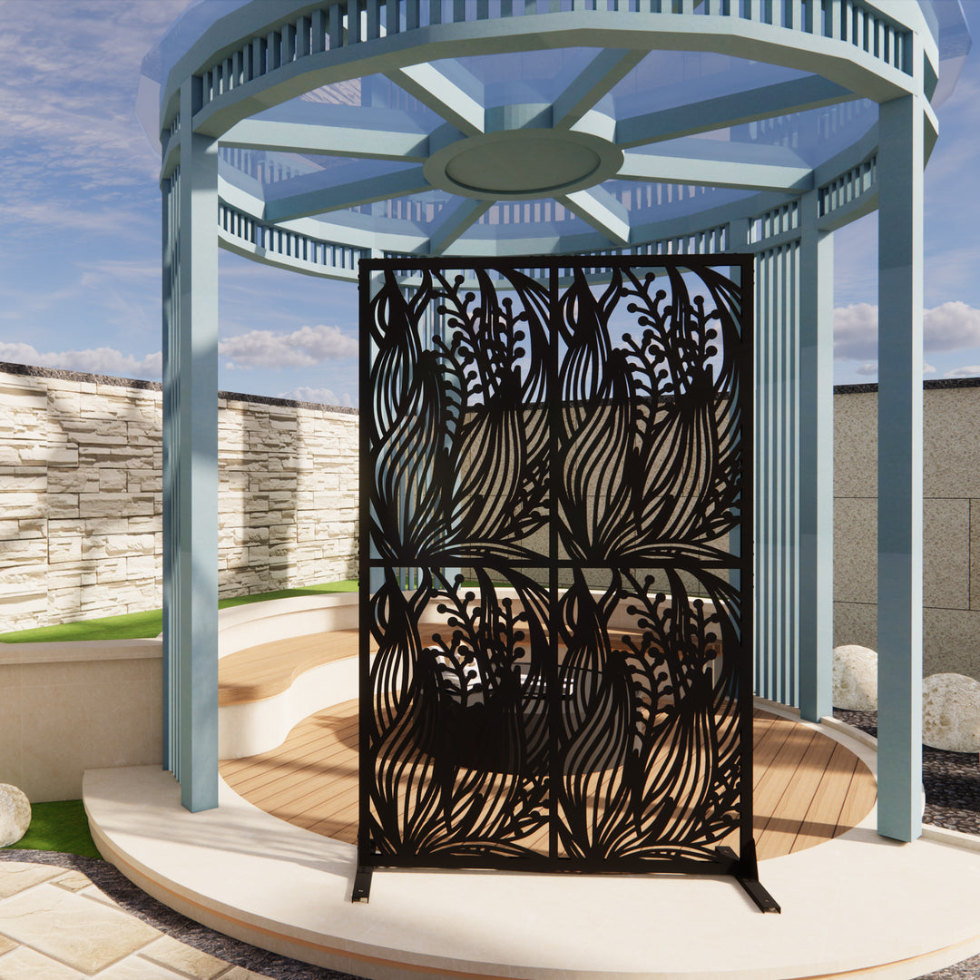 Metal Privacy Screens W3.8Ft X H6Ft Outdoor And Indoor Divider With Free Standing Decorative Privacy Screen For Balcony Patio Garden Room Divider, Black Leaf Shape