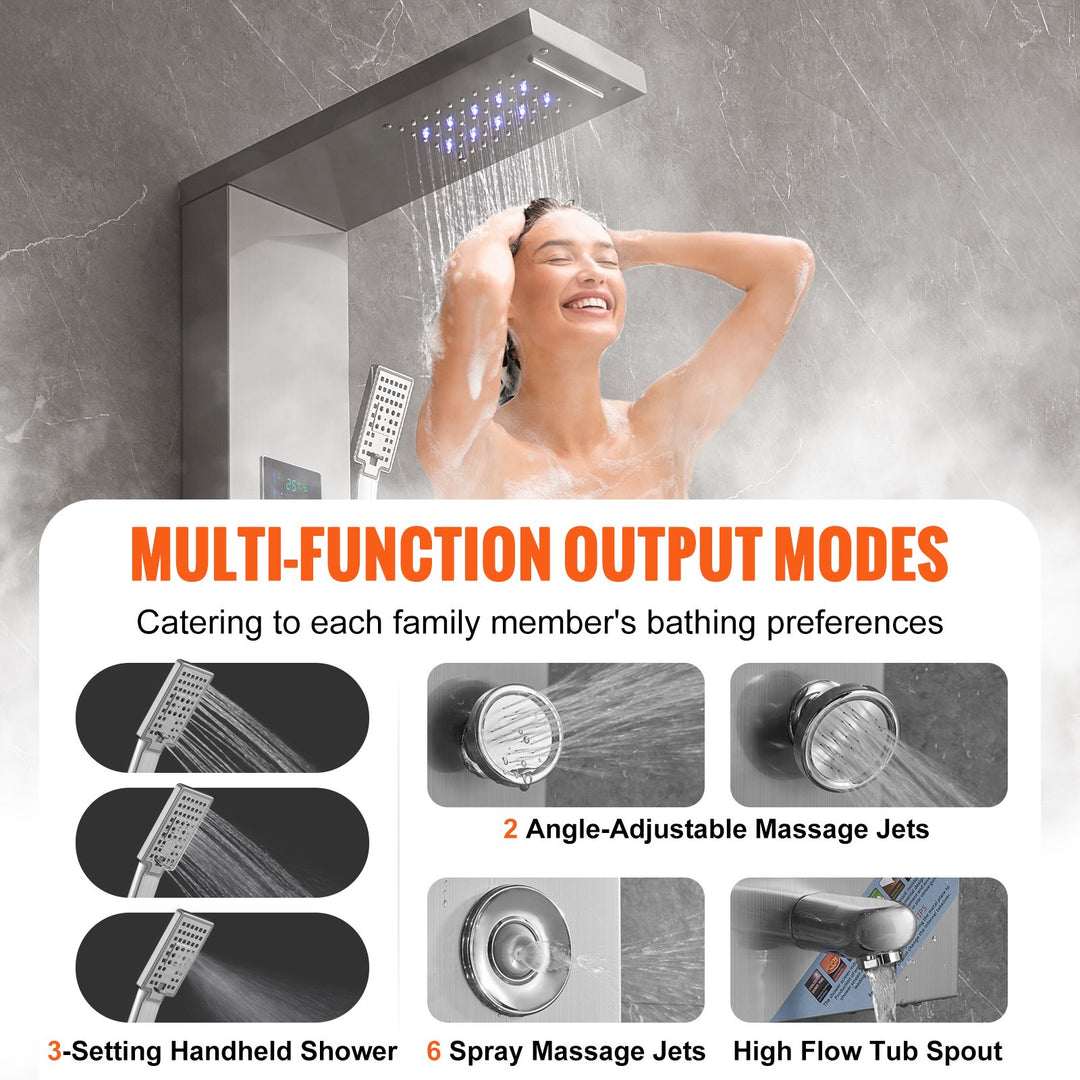 Shower Panel System, 6 Shower Modes, LED &amp; Screen Hydroelectricity Shower Panel Tower, Rainfall, Waterfall, 8 Massage Jets, Tub Spout, Handheld Shower, Stainless Steel Wall-Mounted Shower Set