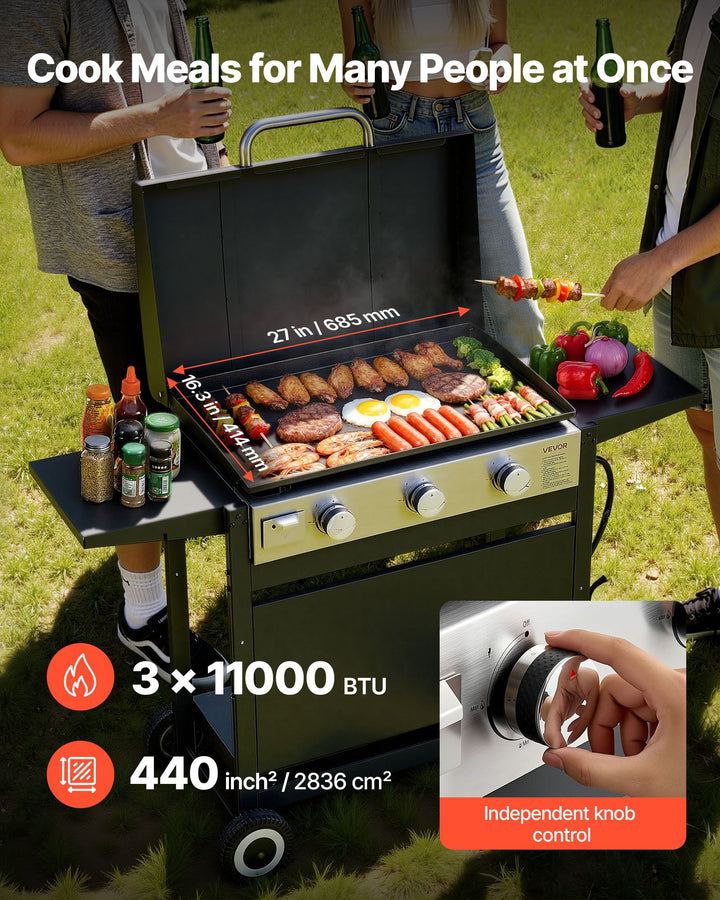 Gas Griddle, 3-Burner Flat Top Grill, Propane Griddle With Wheels, Lid, 3 X 11000 BTU Outdoor Flat Top Grills For Pan-Frying, Grilling, Stir-Frying, &amp; BBQ, Pulse Ignition, Removable Top Design