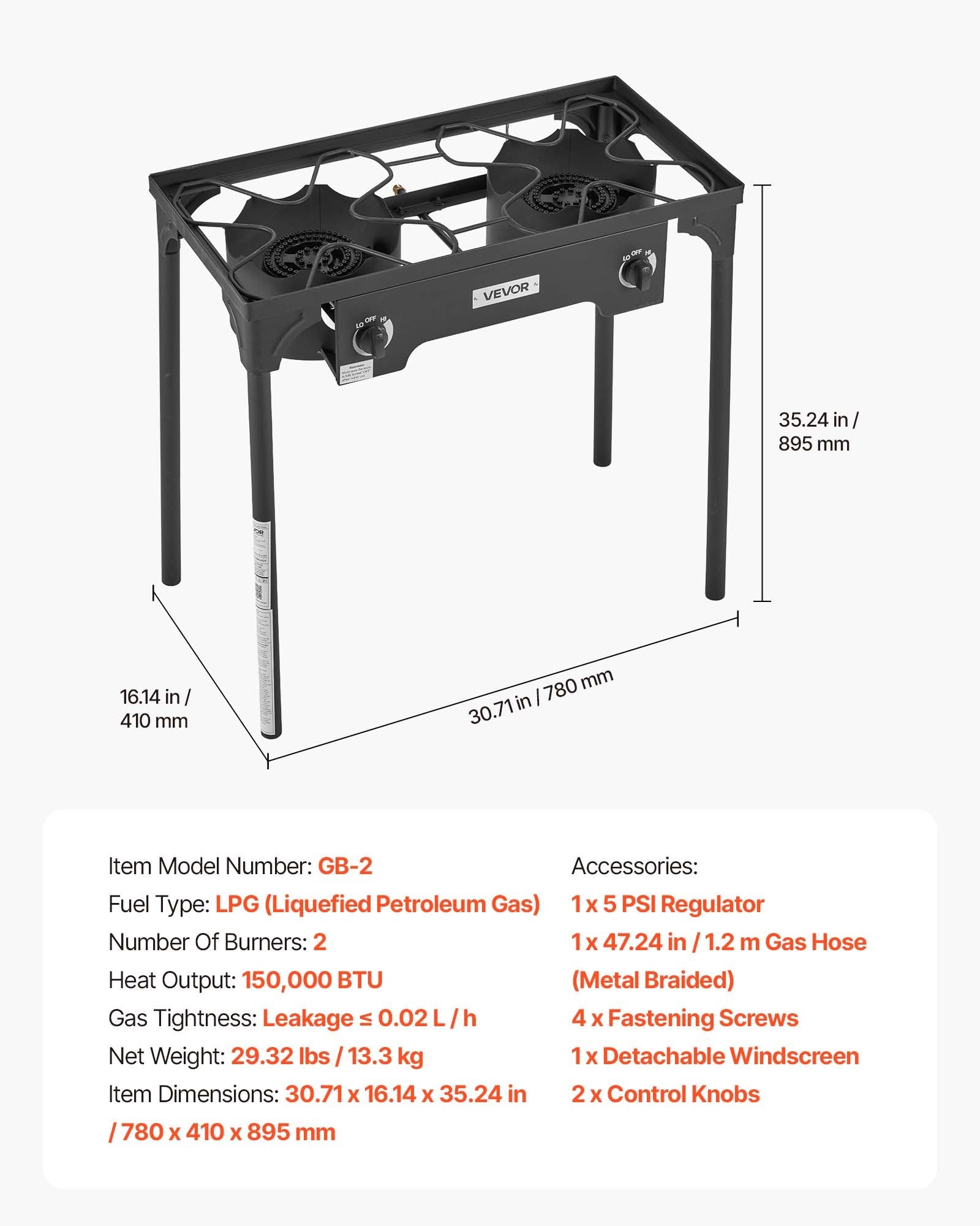 2 Burner Outdoor Propane Gas Stove, 150,000 BTU Propane LPG Gas Camping Stove, Heavy Duty Carbon Steel Outdoor Cooker, With Shield & Tall Stand & PSI Regulator, For BBQ Camp Home Patio Backyard