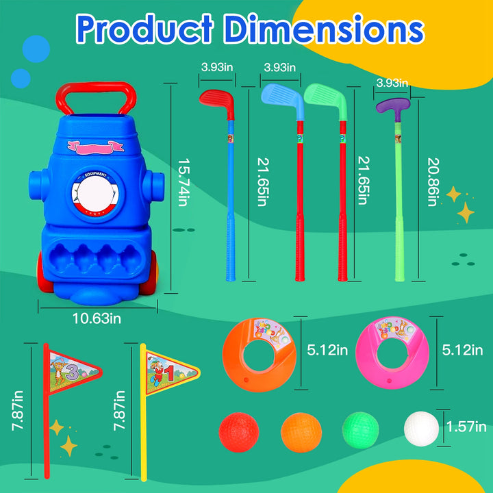 Toddler Golf Set with 4 Clubs, 4 Balls, Golf Cart, 2 Holes &amp; Flags | Kids Indoor &amp; Outdoor Golf Toy