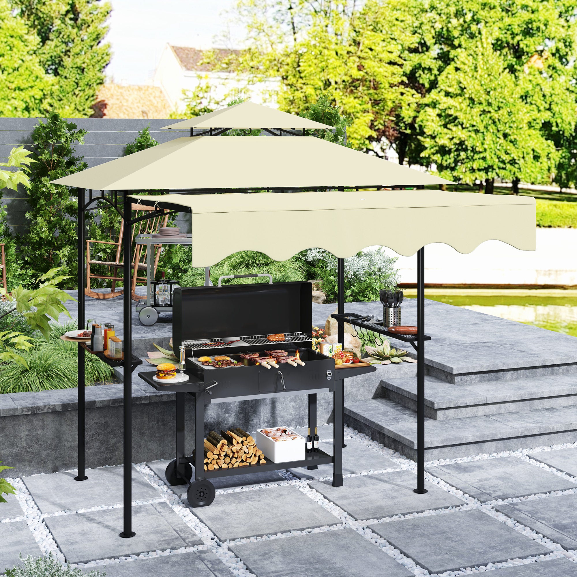 8' x 5' Outdoor Grill Gazebo, Barbecue Gazebo Shelter with Side Awning, 2 Side Shelves and 6 Hooks, Beige