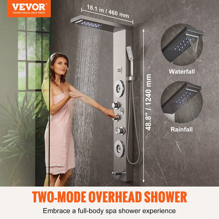 Shower Panel System, 6 Shower Modes, LED &amp; Display Shower Panel Tower, Rainfall, Waterfall, 4 Body Massage Jets, Tub Spout, Handheld Shower Head 59" Hose, Stainless Steel Wall-Mounted Shower Set