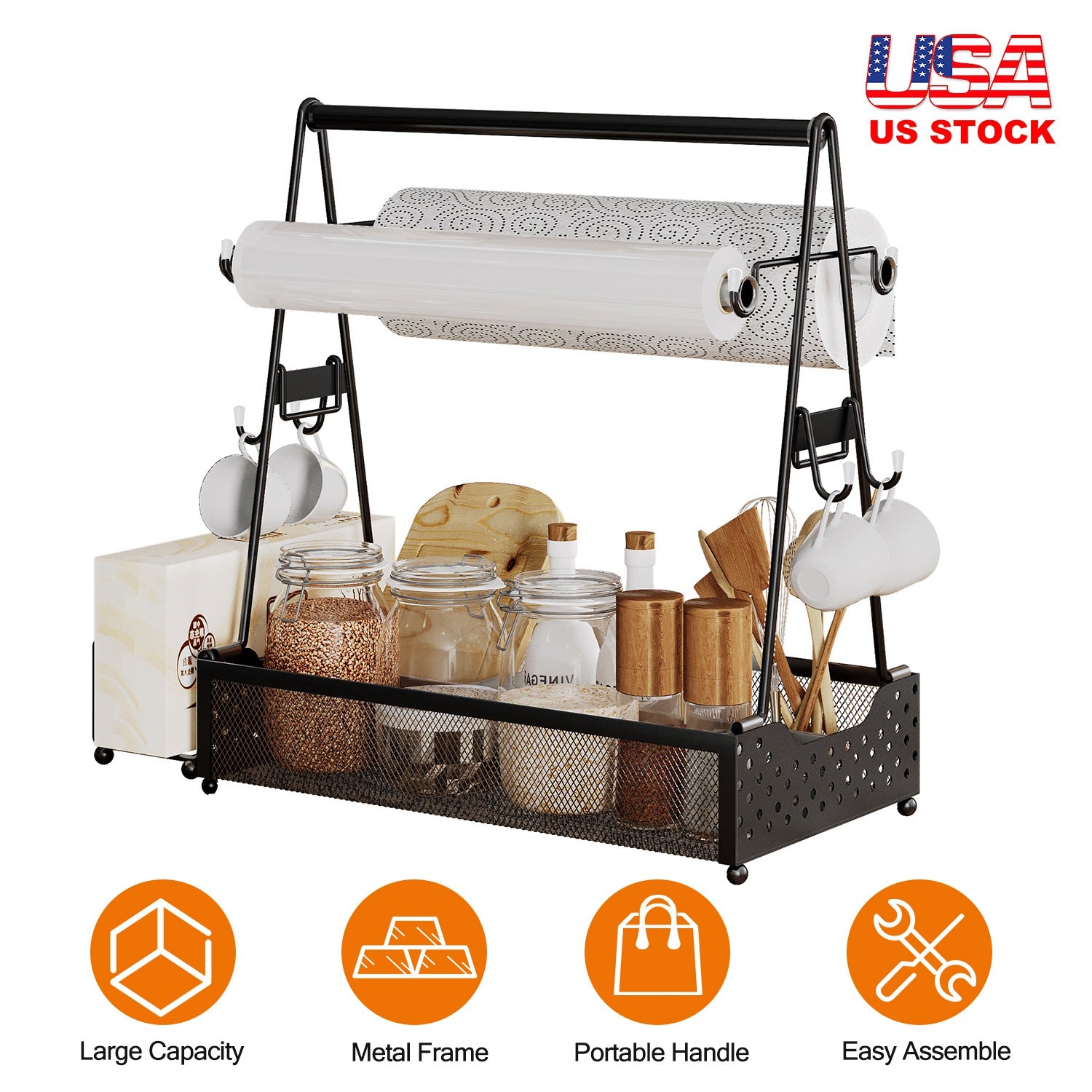 Metal Grill Caddy & Utensil Organizer with Paper Towel Holders, Side Basket & Hooks for Outdoor BBQ, Camping & Kitchen