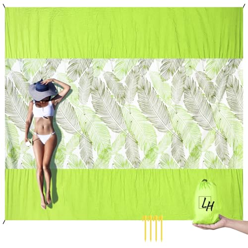 LH Beach Blanket Sandproof 107"*90" Extra Large Waterproof Beach Mat for 2-8 Adults Picnic Blankets for Camping Beach Essentials Big &amp; Compact Quick Drying Lightweight &amp; Durable with 4 Stakes