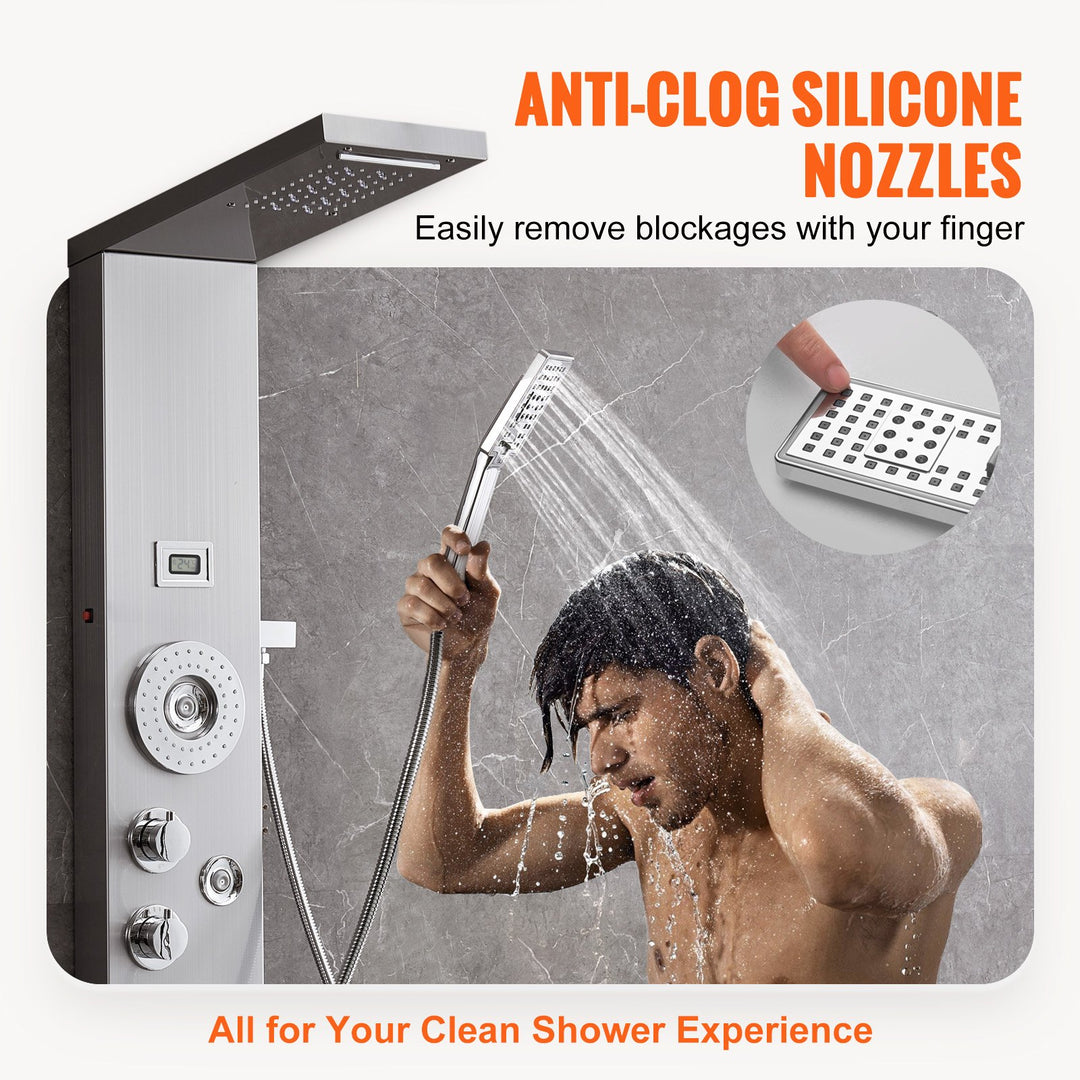 Shower Panel System, 6 Shower Modes, LED &amp; Display Shower Panel Tower, Rainfall, Waterfall, 4 Body Massage Jets, Tub Spout, Handheld Shower Head 59" Hose, Stainless Steel Wall-Mounted Shower Set