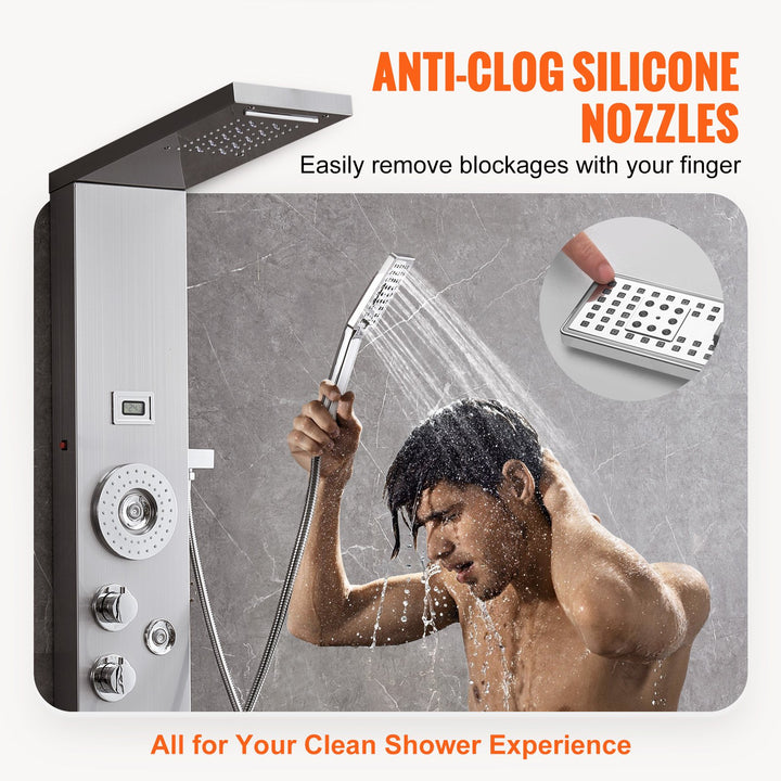 Shower Panel System, 6 Shower Modes, LED &amp; Display Shower Panel Tower, Rainfall, Waterfall, 4 Body Massage Jets, Tub Spout, Handheld Shower Head 59" Hose, Stainless Steel Wall-Mounted Shower Set