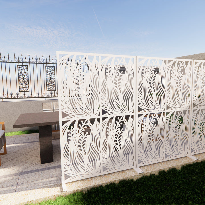 Metal Privacy Screens W3.8Ft X H6Ft Outdoor And Indoor Divider With Free Standing Decorative Privacy Screen For Balcony Patio Garden Room Divider, White Leaf Shape