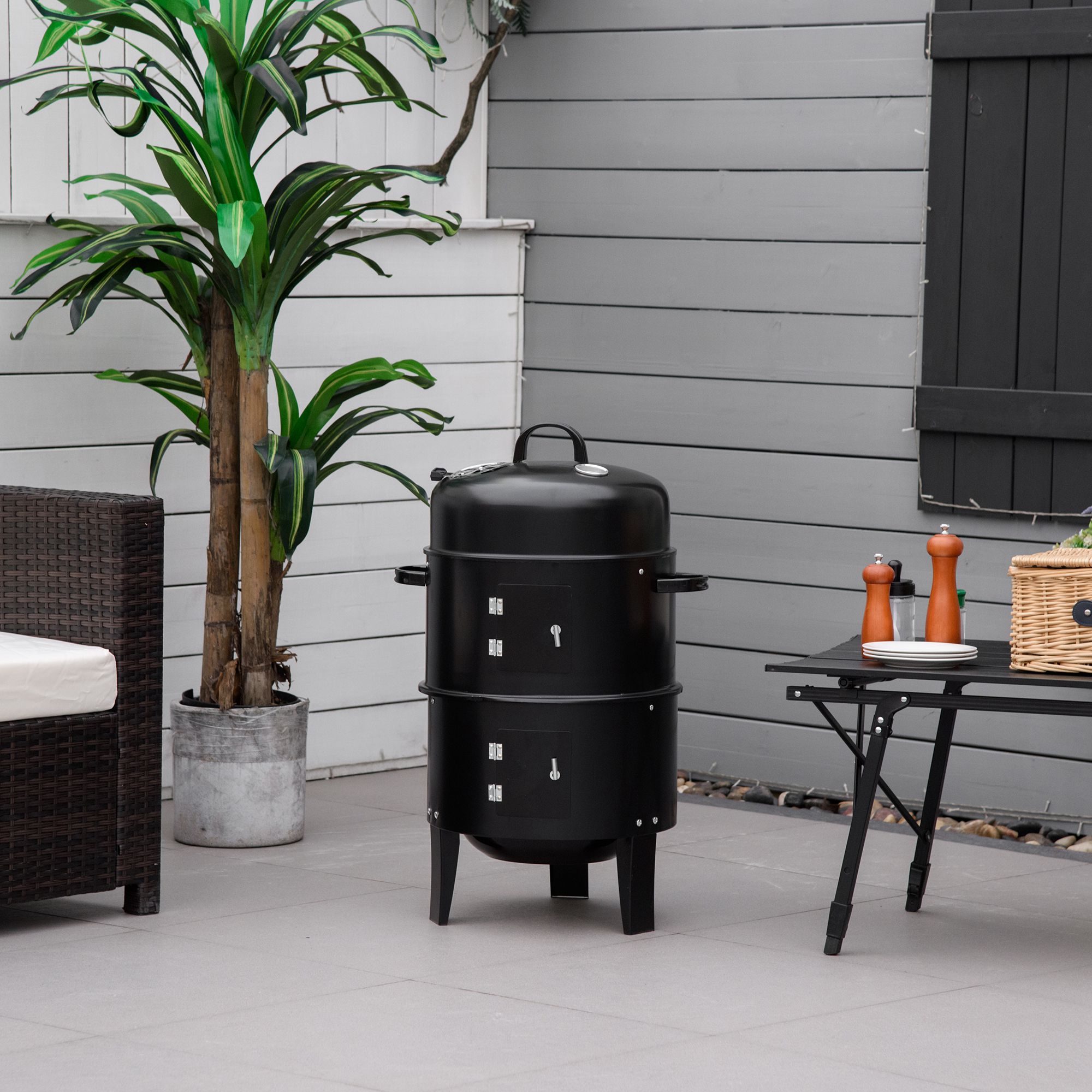 3-in-1 Vertical Charcoal BBQ Smoker Grill with 2 Cooking Areas and Thermometer