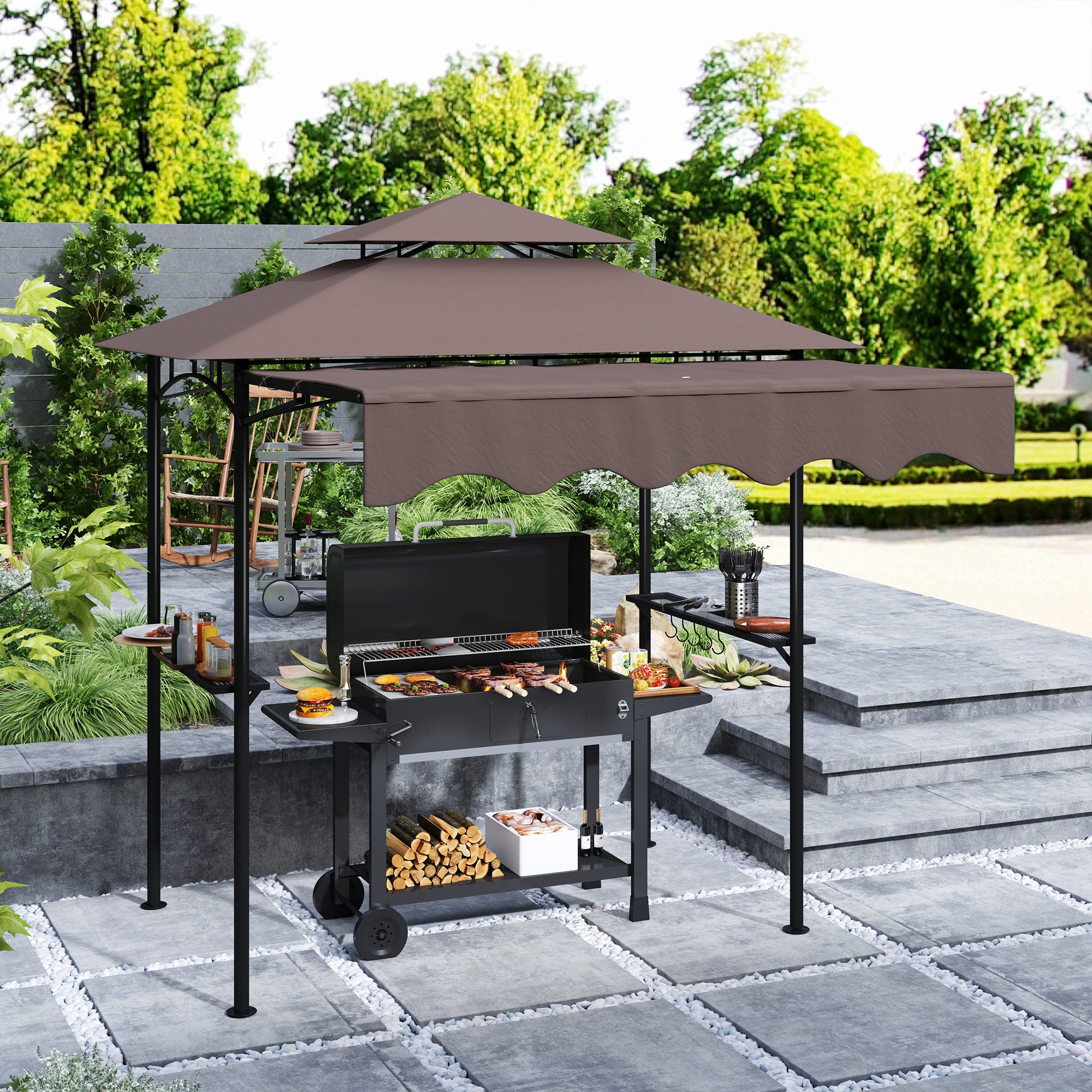 8' x 5' Outdoor Grill Gazebo, Barbecue Gazebo Shelter with Side Awning, 2 Side Shelves and 6 Hooks, Brown