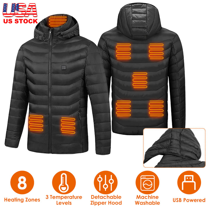 USB Heated Jacket – 8 Heating Zones, Detachable Hood