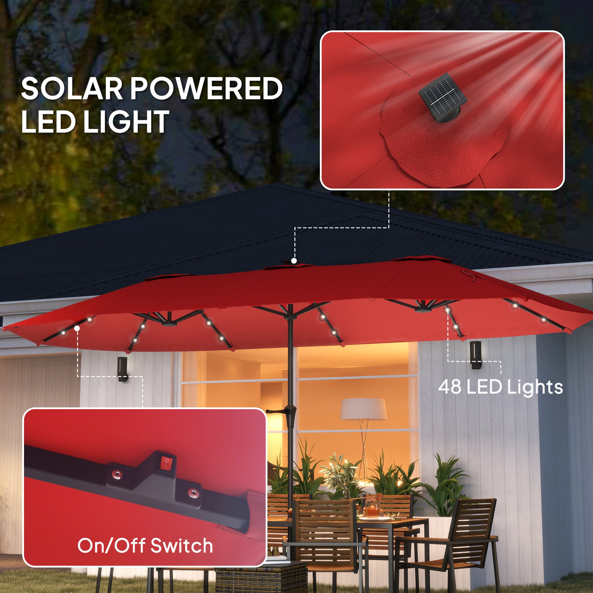 13ft Double-Sided Market Umbrella, Large Patio Umbrella with Solar Lights