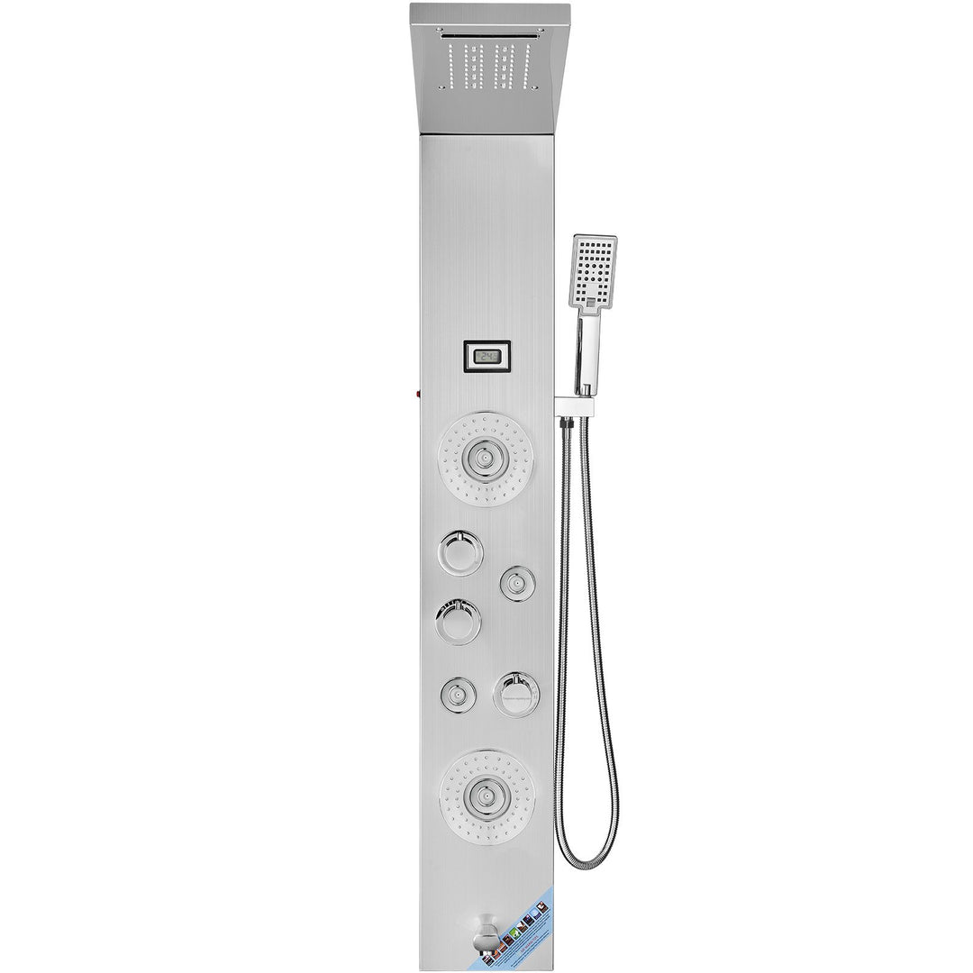 Shower Panel System, 6 Shower Modes, LED &amp; Display Shower Panel Tower, Rainfall, Waterfall, 4 Body Massage Jets, Tub Spout, Handheld Shower Head 59" Hose, Stainless Steel Wall-Mounted Shower Set