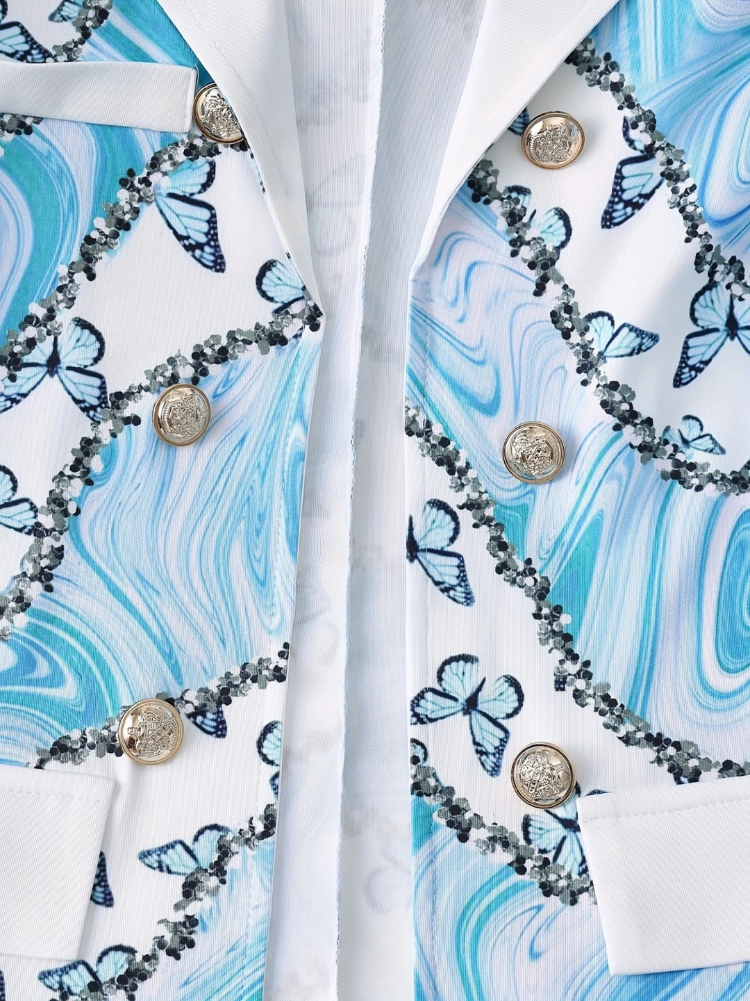 Blue Butterfly Marble Print Two-Piece Suit Set