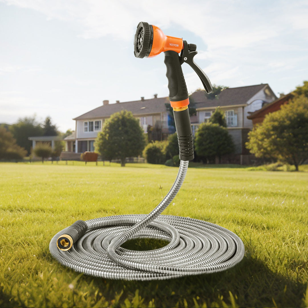 Metal Garden Hose 25 Ft, Rust Proof Stainless Steel Water Hose, Heavy Duty Backyard Hose With 10 Function Nozzle, No-Kink &amp; Flexible Water Pipe, Lightweight Metal Hose For Yard, Outdoor