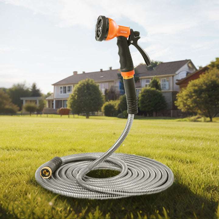 Metal Garden Hose 25 Ft, Rust Proof Stainless Steel Water Hose, Heavy Duty Backyard Hose With 10 Function Nozzle, No-Kink &amp; Flexible Water Pipe, Lightweight Metal Hose For Yard, Outdoor