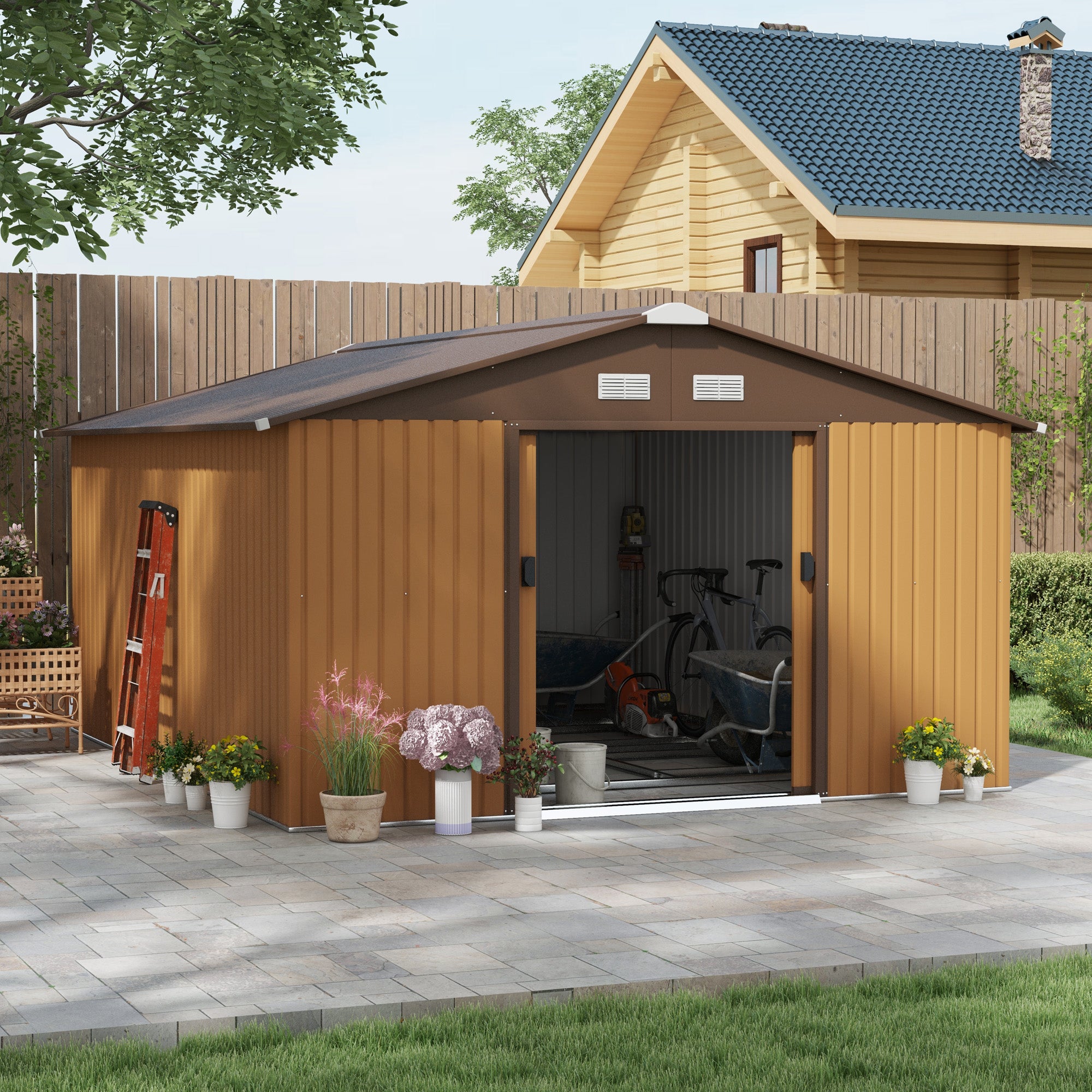 Garden Metal Shed, Storage Shed & Utility Storage with Double Locking Doors for Bike, Yard Tools, Brown