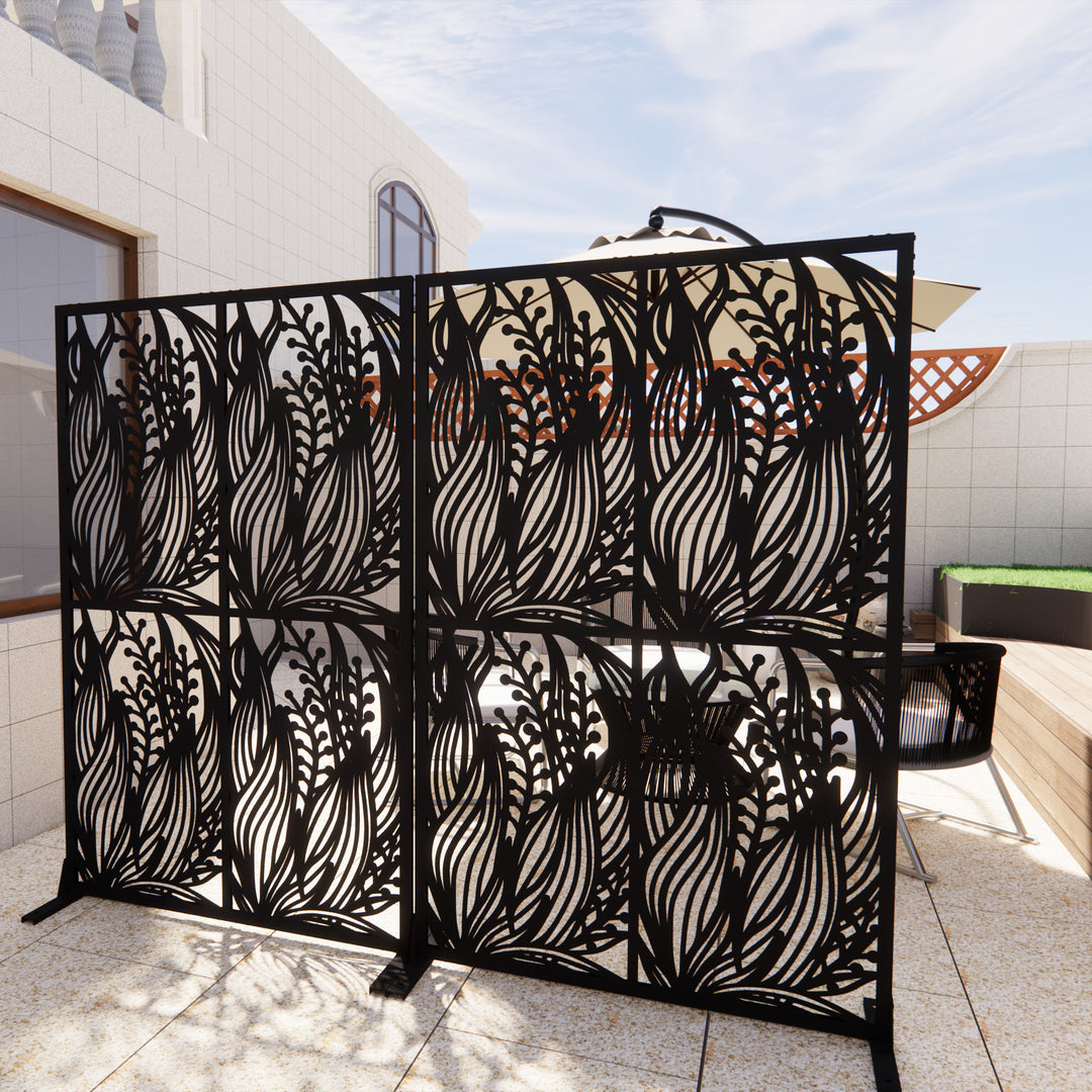 Metal Privacy Screens W3.8Ft X H6Ft Outdoor And Indoor Divider With Free Standing Decorative Privacy Screen For Balcony Patio Garden Room Divider, Black Leaf Shape