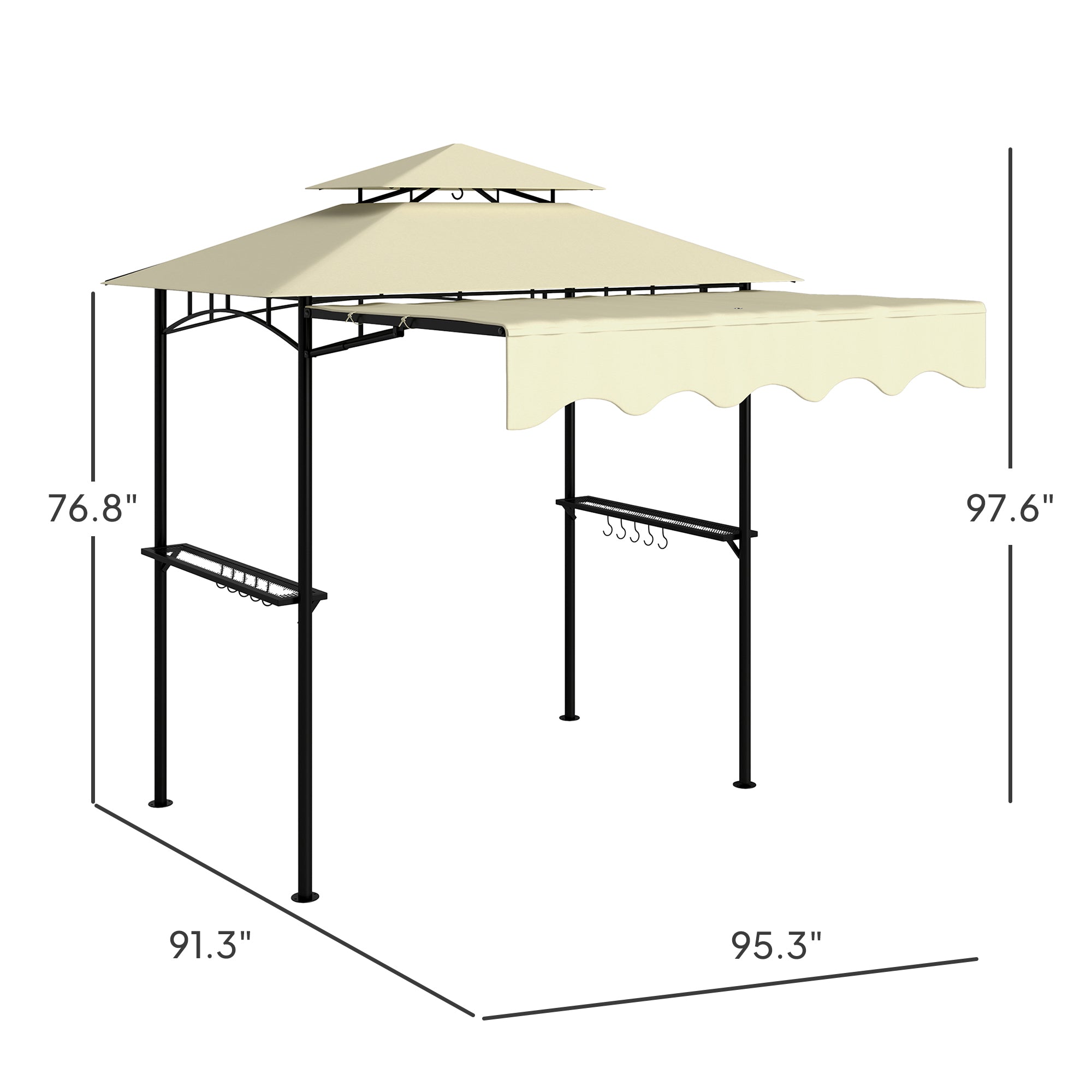 8' x 5' Outdoor Grill Gazebo, Barbecue Gazebo Shelter with Side Awning, 2 Side Shelves and 6 Hooks, Beige