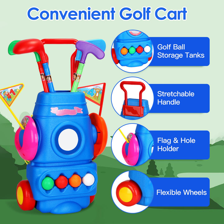 Toddler Golf Set with 4 Clubs, 4 Balls, Golf Cart, 2 Holes &amp; Flags | Kids Indoor &amp; Outdoor Golf Toy