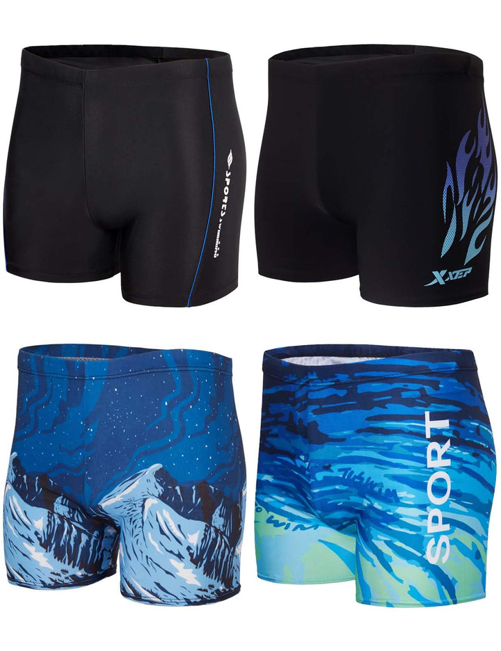KANAV 4 Pack Mens Athletic Swim Jammers Quick Dry Square Leg Swim Briefs Competitive Swimsuit Black/Blue