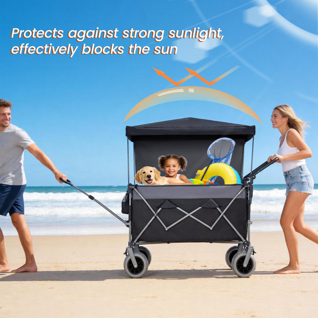 Multi- Functional Push- Pull Folding Wagon Cart With Rotating Handle &amp; Canopy  9 X4  Beach Tires For Camping &amp; Beach  Load Capacity 480lbs  300L Large Capacity For Transport  Groceries  Outdoor Use