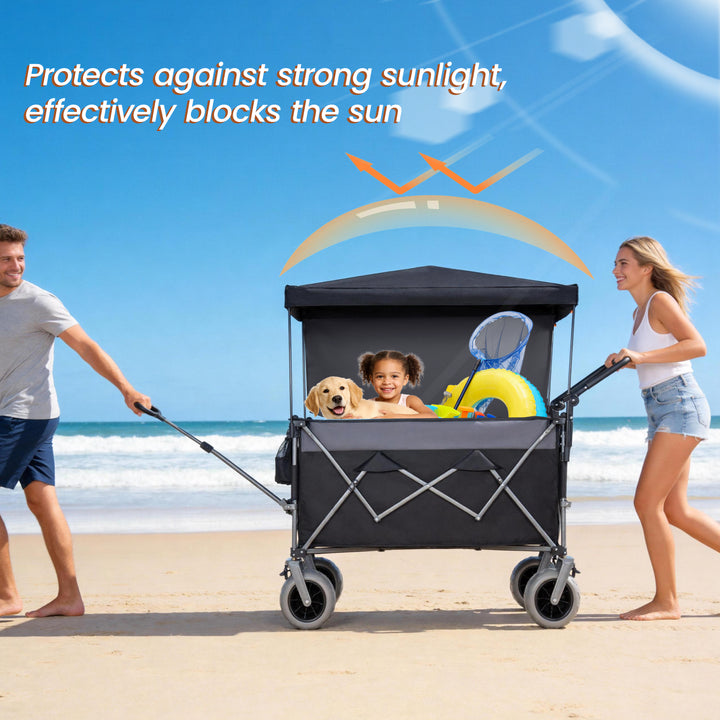 Multi- Functional Push- Pull Folding Wagon Cart With Rotating Handle &amp; Canopy  9 X4  Beach Tires For Camping &amp; Beach  Load Capacity 480lbs  300L Large Capacity For Transport  Groceries  Outdoor Use