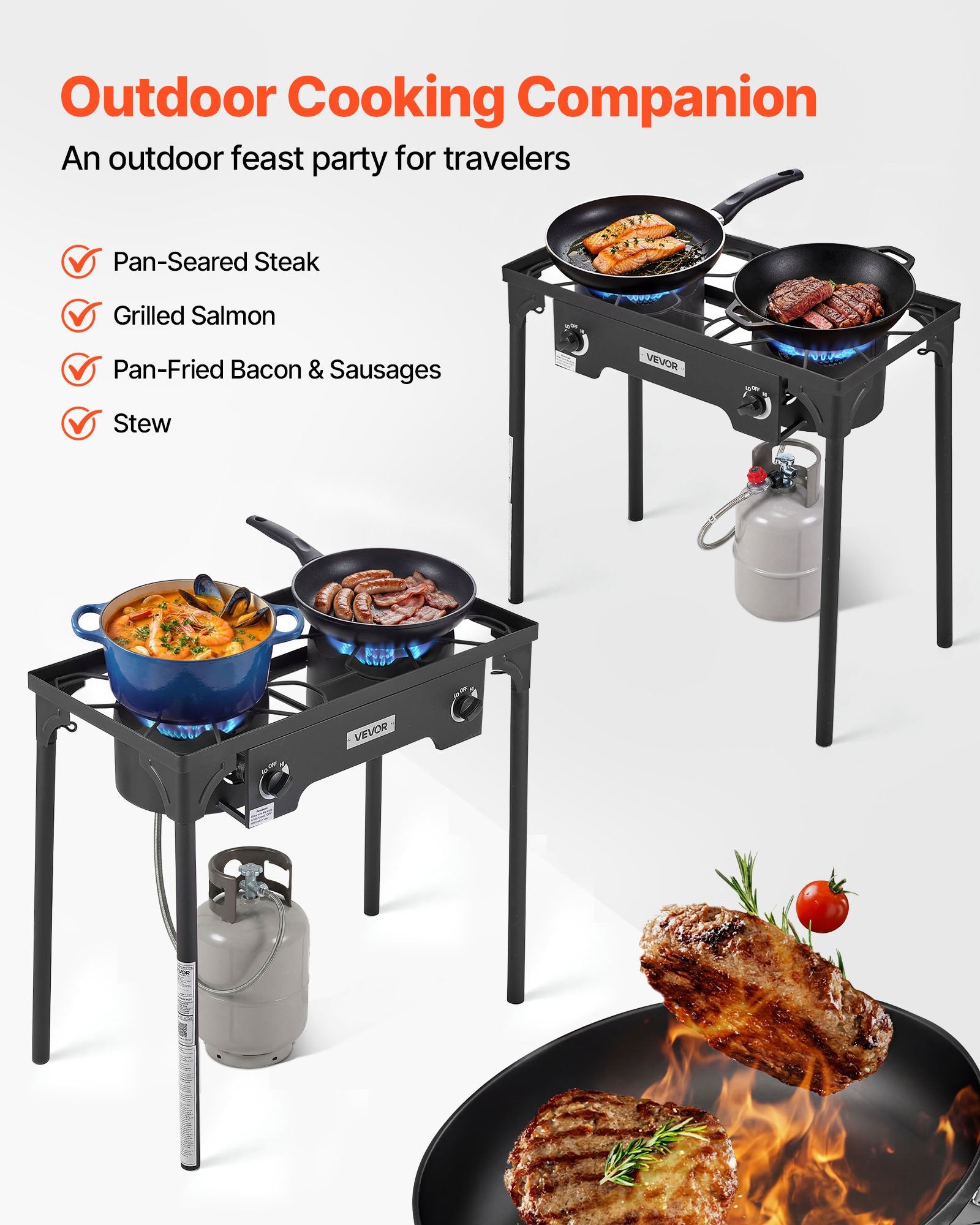 2 Burner Outdoor Propane Gas Stove, 150,000 BTU Propane LPG Gas Camping Stove, Heavy Duty Carbon Steel Outdoor Cooker, With Shield & Tall Stand & PSI Regulator, For BBQ Camp Home Patio Backyard