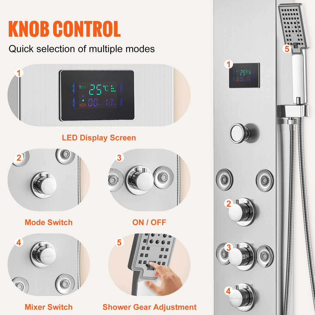 Shower Panel System, 6 Shower Modes, LED &amp; Screen Hydroelectricity Shower Panel Tower, Rainfall, Waterfall, 8 Massage Jets, Tub Spout, Handheld Shower, Stainless Steel Wall-Mounted Shower Set