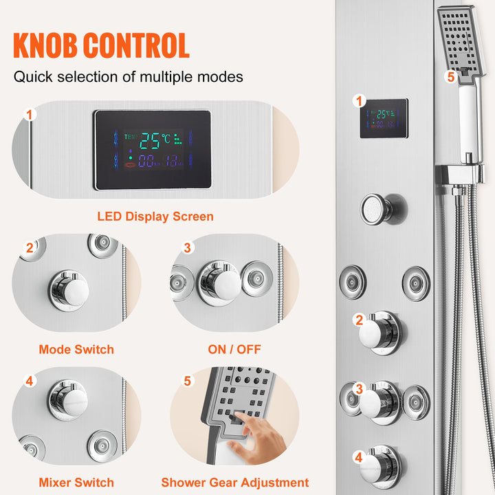 Shower Panel System, 6 Shower Modes, LED &amp; Screen Hydroelectricity Shower Panel Tower, Rainfall, Waterfall, 8 Massage Jets, Tub Spout, Handheld Shower, Stainless Steel Wall-Mounted Shower Set