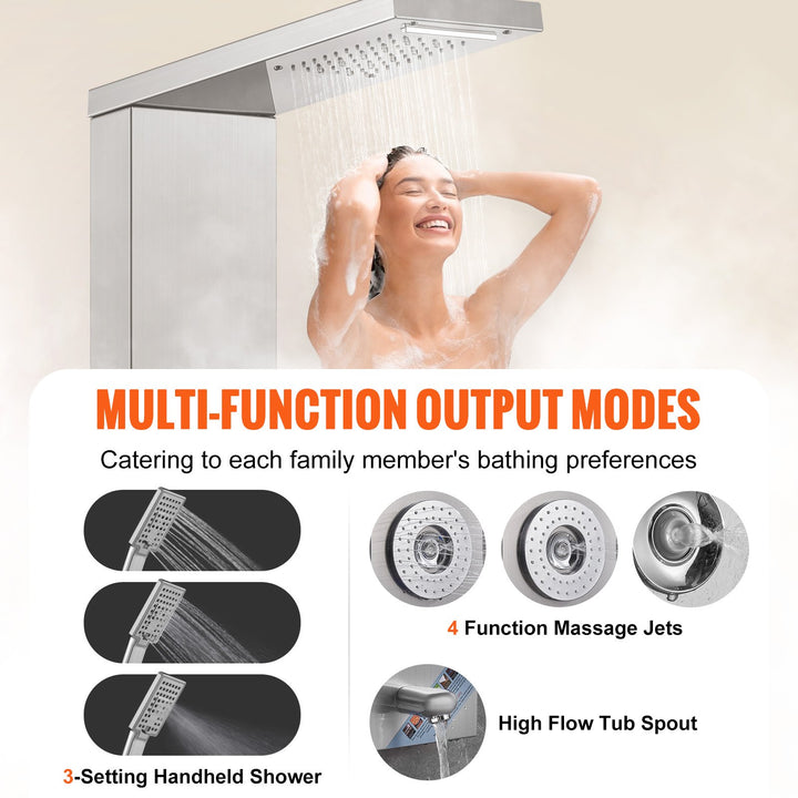 Shower Panel System, 6 Shower Modes, LED &amp; Display Shower Panel Tower, Rainfall, Waterfall, 4 Body Massage Jets, Tub Spout, Handheld Shower Head 59" Hose, Stainless Steel Wall-Mounted Shower Set
