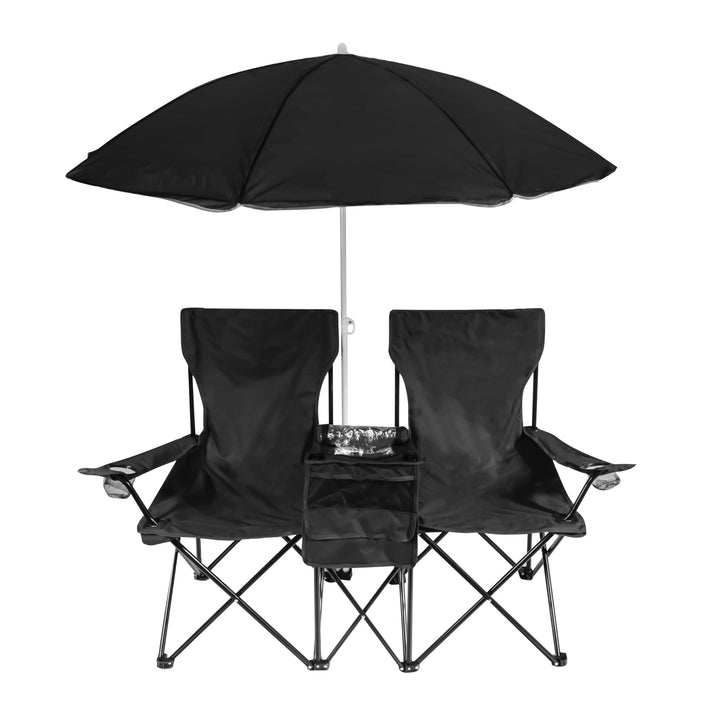 Trademark Innovations Double Folding Camp and Beach Chair with Removable Umbrella and Cooler Black