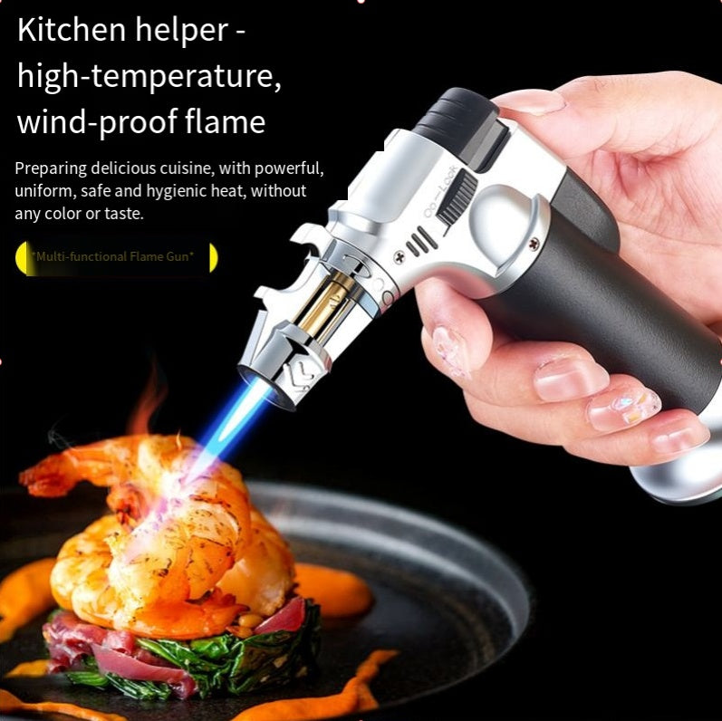 Windproof BBQ Lighter & Multi-Tool with Built-In Bottle Opener and Cigar Holder, Outdoor Portable Barbecue and Baking Kit, Black