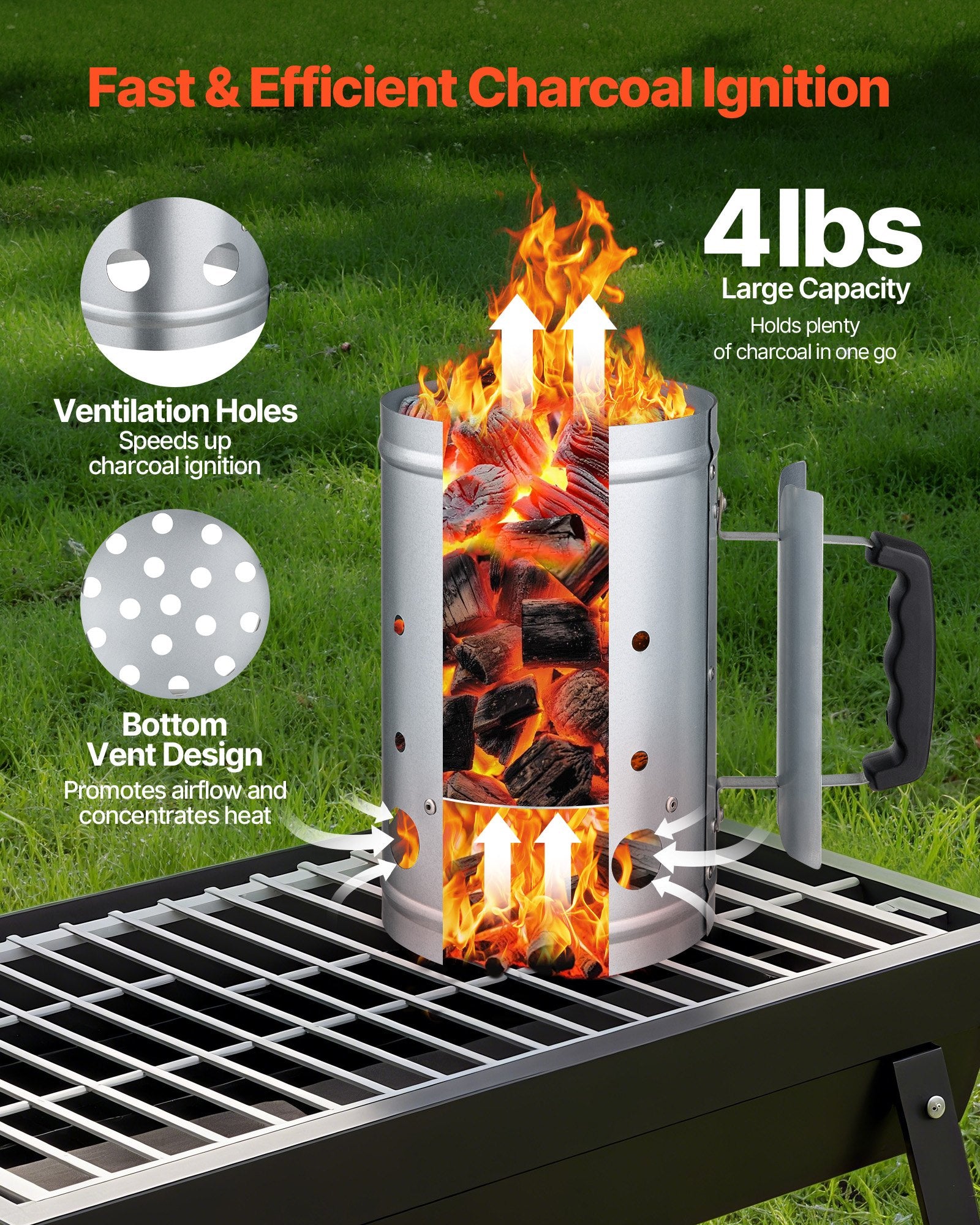 Charcoal Chimney Starter Heavy Duty Steel 4 Lbs Capacity BBQ Grill Fireplace