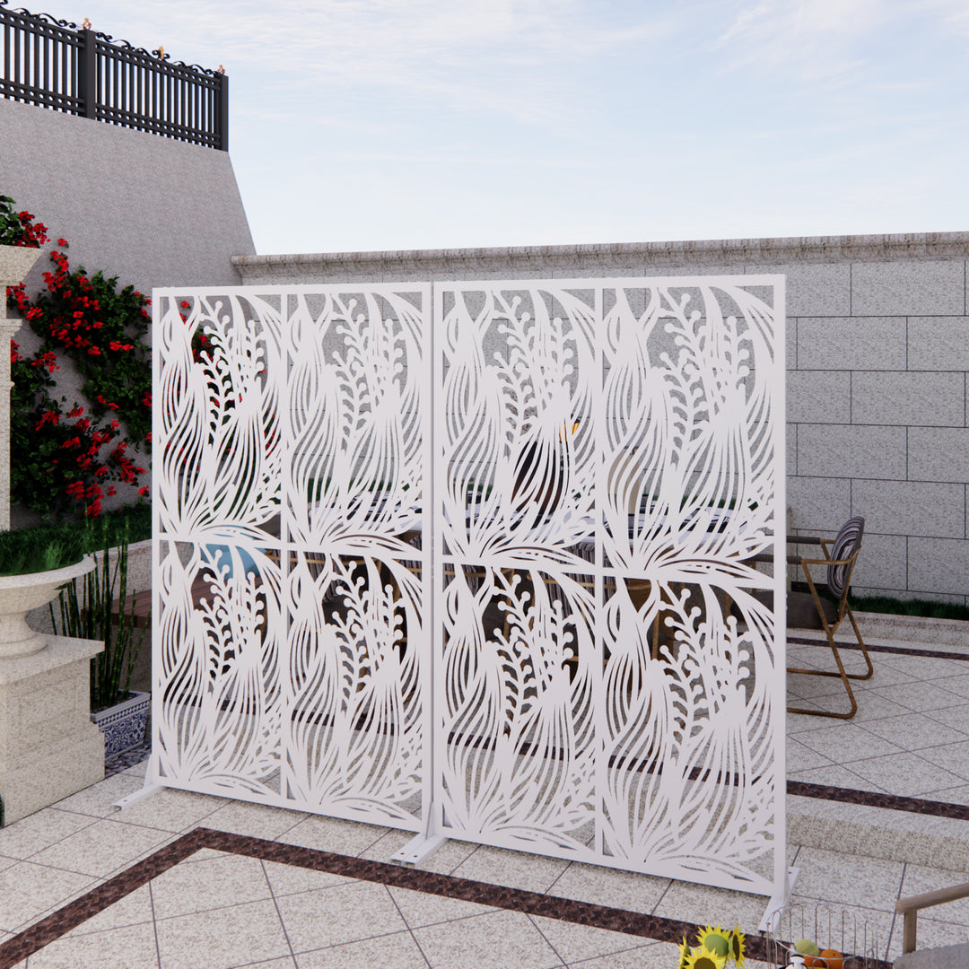 Metal Privacy Screens W3.8Ft X H6Ft Outdoor And Indoor Divider With Free Standing Decorative Privacy Screen For Balcony Patio Garden Room Divider, White Leaf Shape