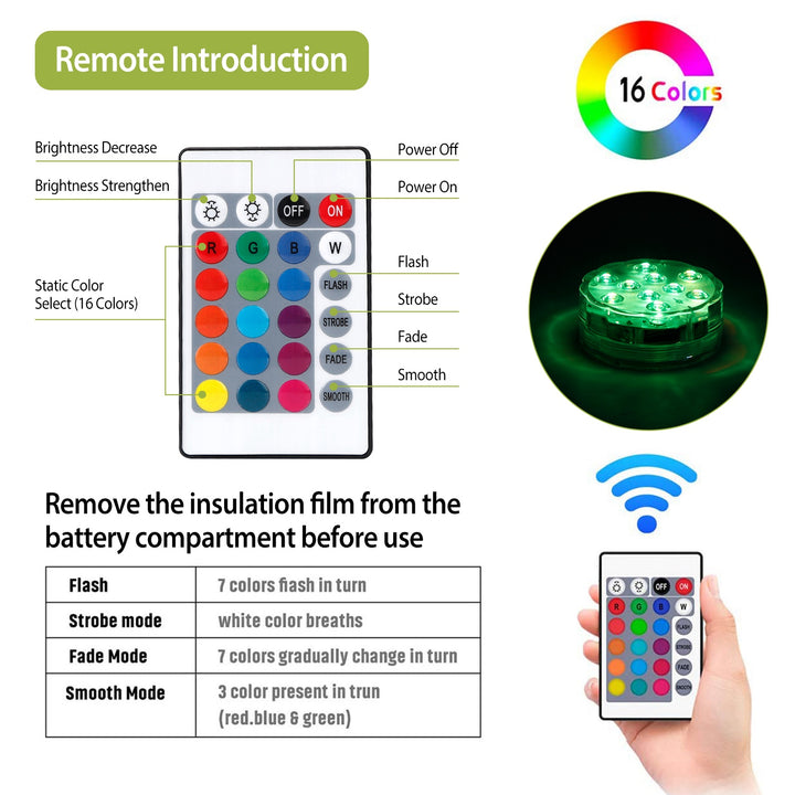 RGB Submersible Pool Lights | 4-Pack with Remote | IP68 Waterproof | 16 Color Modes
