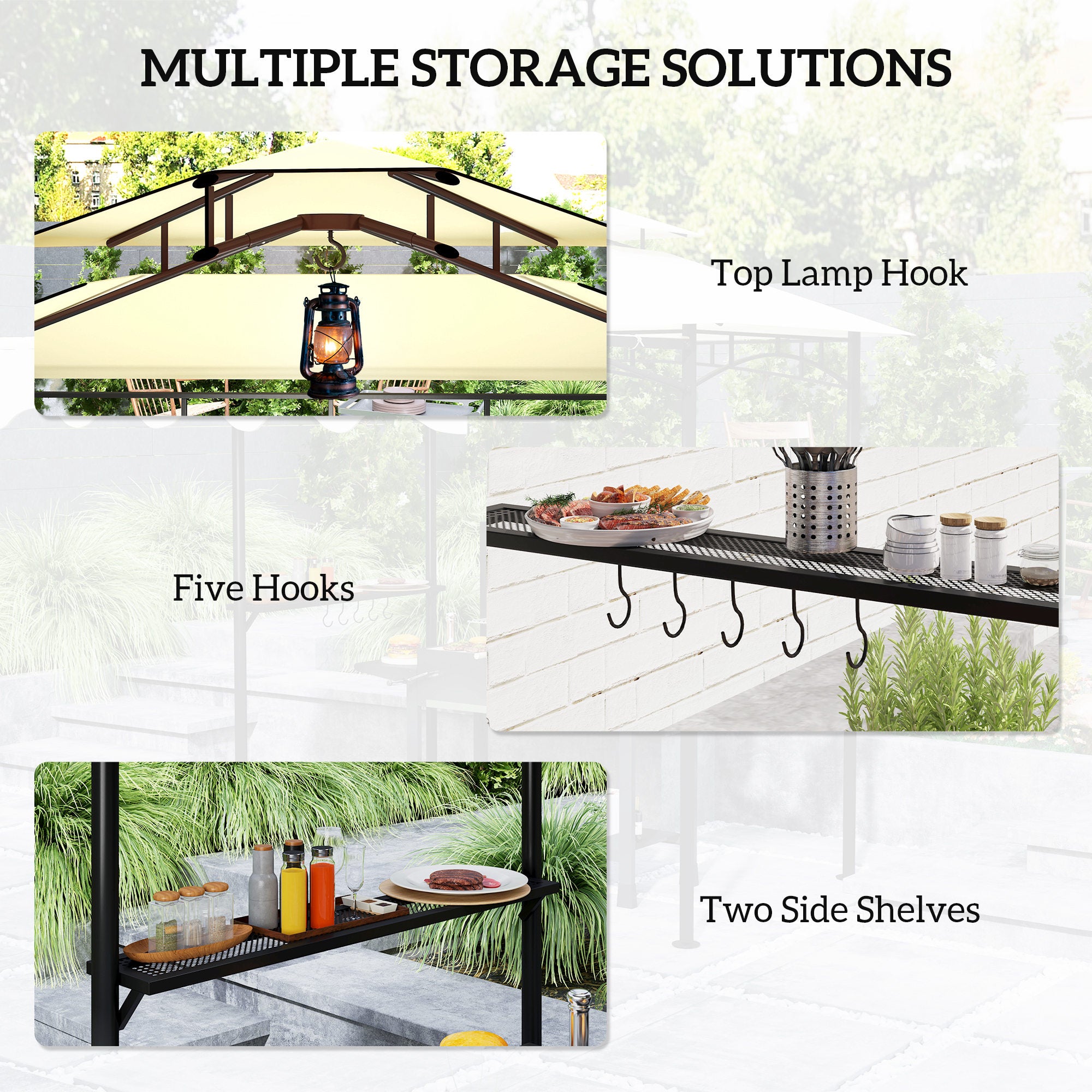 8' x 5' Outdoor Grill Gazebo, Barbecue Gazebo Shelter with Side Awning, 2 Side Shelves and 6 Hooks, Beige