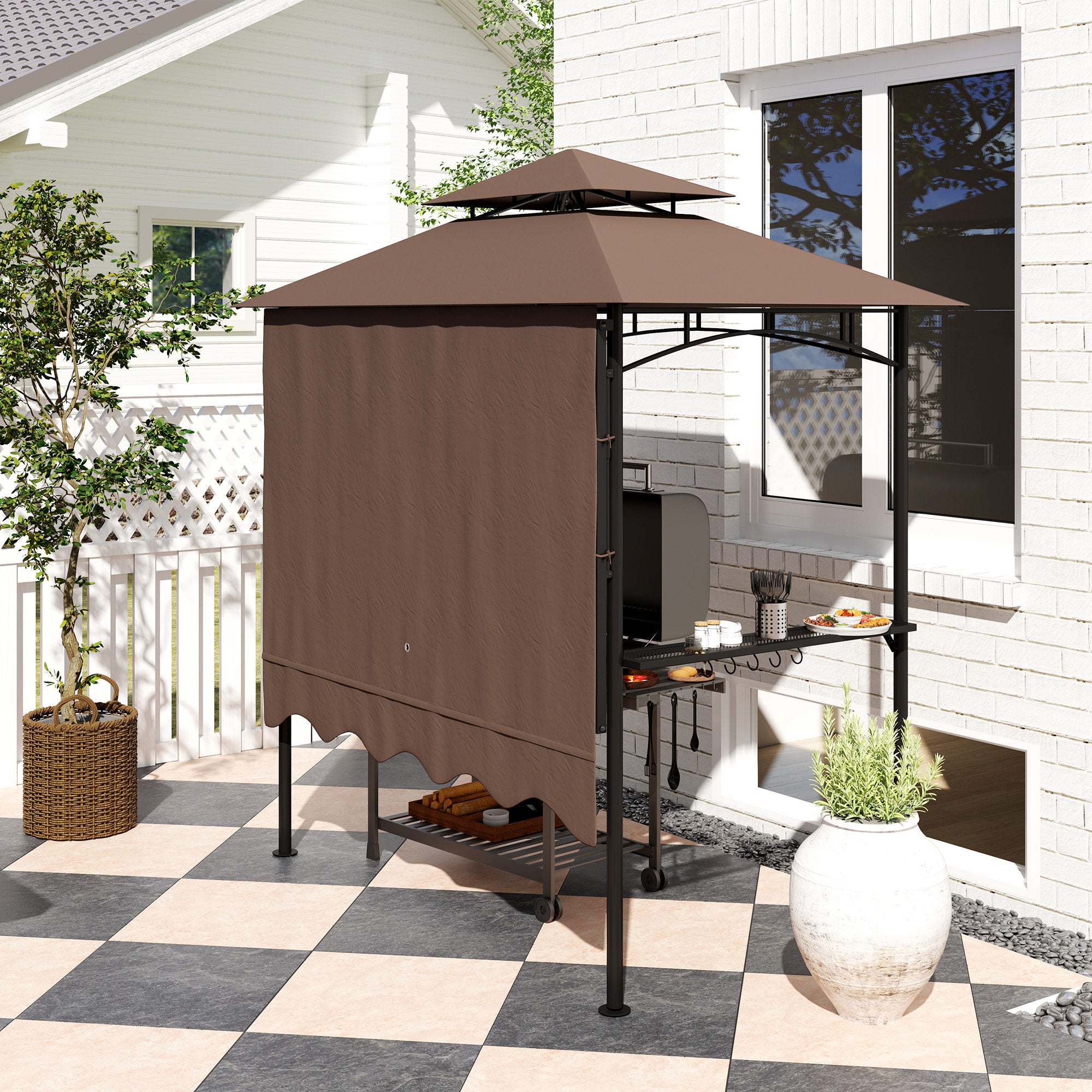 8' x 5' Outdoor Grill Gazebo, Barbecue Gazebo Shelter with Side Awning, 2 Side Shelves and 6 Hooks, Brown