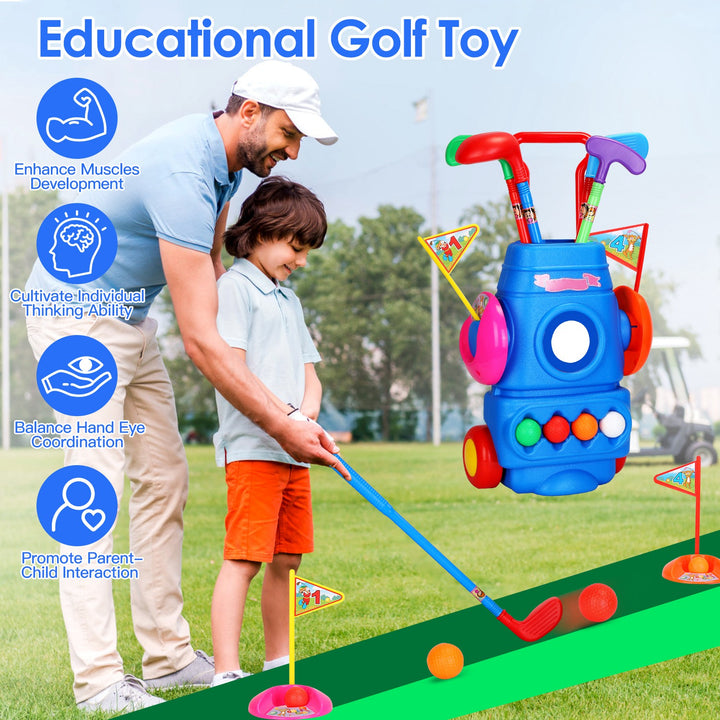 Toddler Golf Set with 4 Clubs, 4 Balls, Golf Cart, 2 Holes &amp; Flags | Kids Indoor &amp; Outdoor Golf Toy