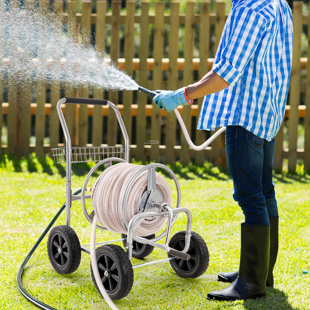 Hose Reel Cart, Hold Up To 250 Ft Of 5/8’’ Hose, Garden Water Hose Carts Mobile Tools With 4 Wheels, Heavy Duty Powder-coated Steel Outdoor Planting With Storage Basket, For Garden, Yard, Lawn