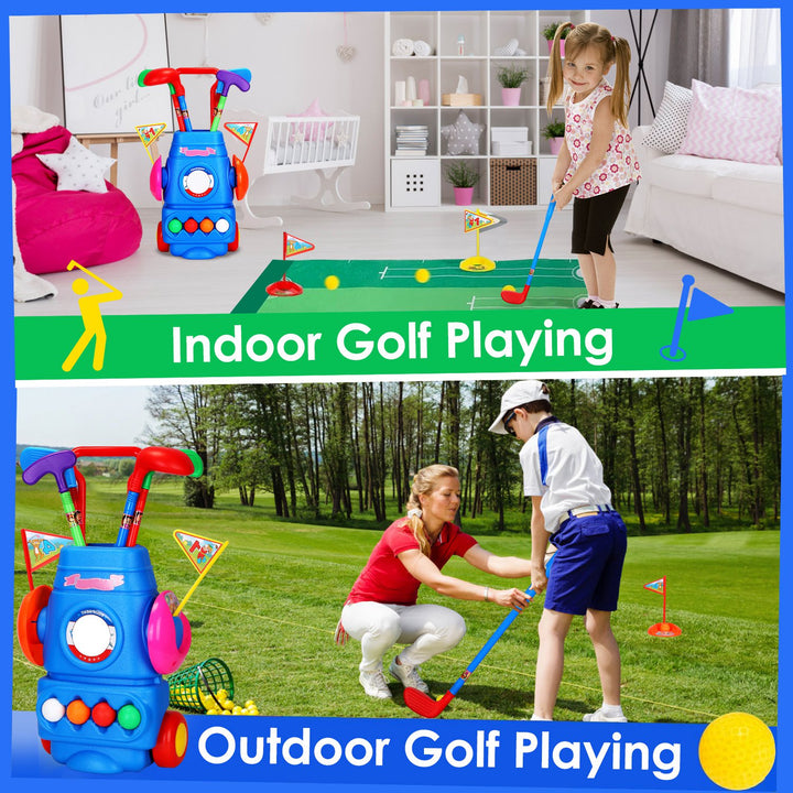 Toddler Golf Set with 4 Clubs, 4 Balls, Golf Cart, 2 Holes &amp; Flags | Kids Indoor &amp; Outdoor Golf Toy